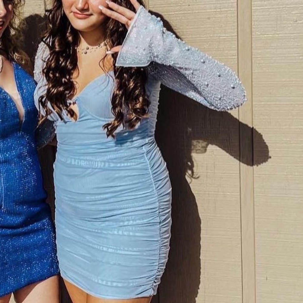 short, tight, blue, fitted dance dress size 6